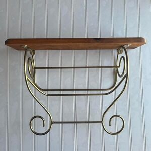 Vintage Wood & Brass Wall Shelf with Towel Bar – Cottagecore Bathroom Decor